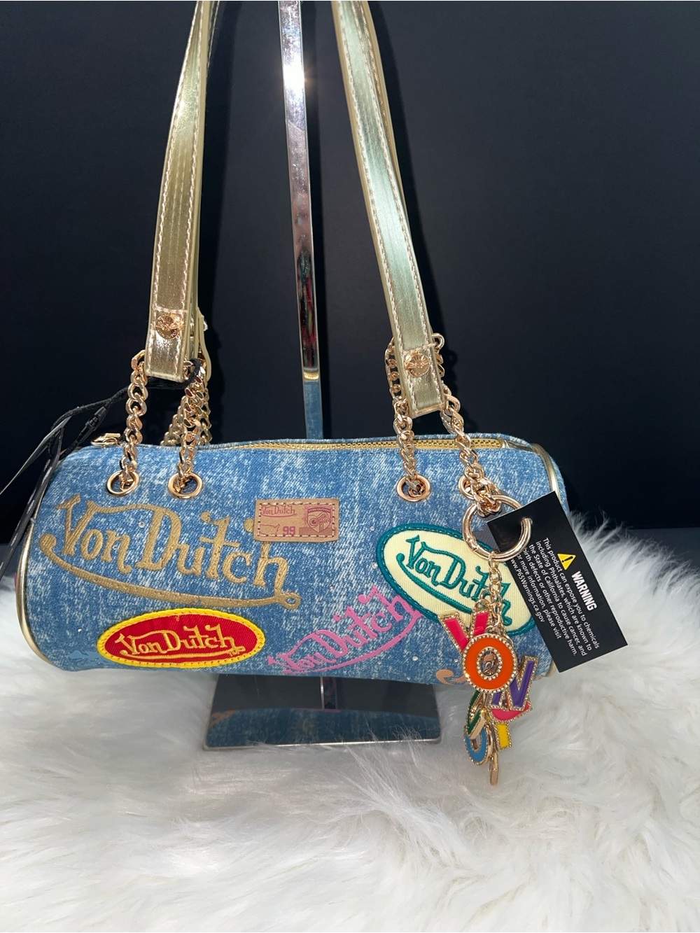 NWT Von Dutch Long Barrel Bag in Light Denim with Colorful Embroidered Patches